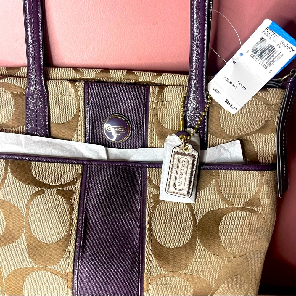 Coach Signature Tan and Purple Tote Bag - Picture 6 of 9